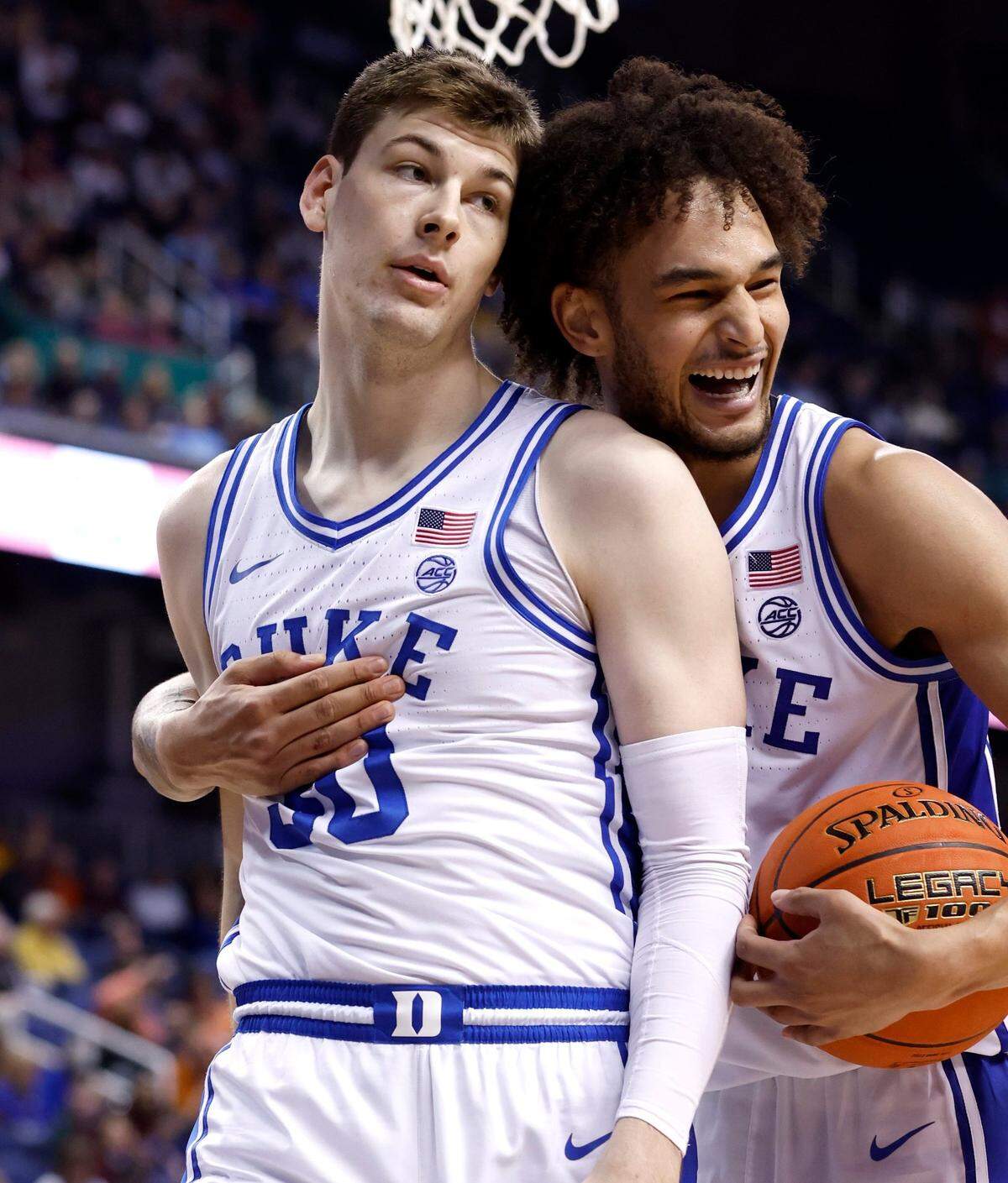 Duke’s Dereck Lively II (1) celebrates with Kyle Filipowski (30) after he was fouled during the second half of Duke’s game against Pitt in the quarterfinals of the ACC Men’s Basketball Tournament in Greensboro, N.C., Thursday, March 9, 2023.