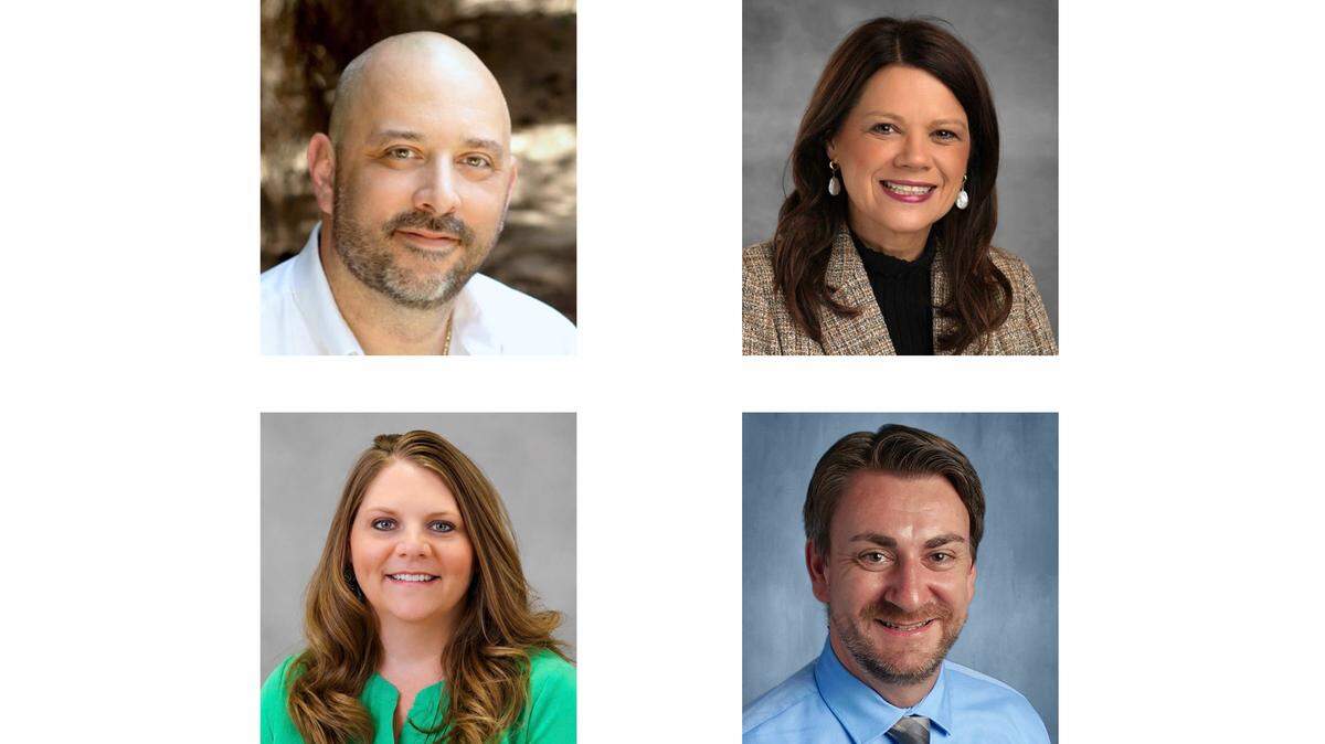 Top row: Christopher Lineberry named new principal of Apex High School and Stephanie Raiford named new principal of Panther Creek High School. Bottom row: Monica Sawyer named new principal of Millbrook High School and Eric Rosen named new principal of Enloe High School.