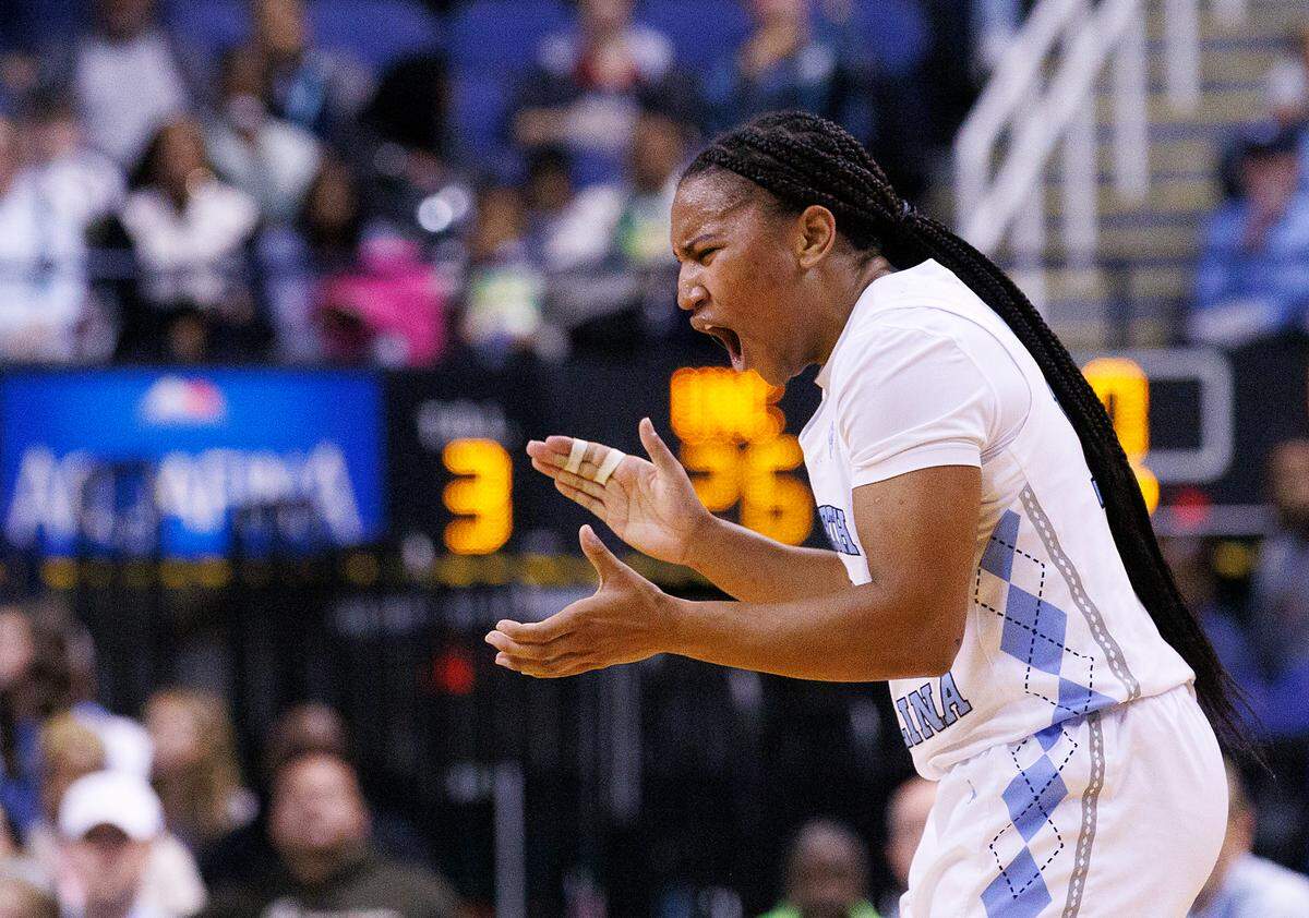 North Carolina’s Reniya Kelly reacts after knocking down a basket during the first half of the Tar Heel’s game against UConn on Friday, Nov. 15, 2024, at First Horizon Coliseum in Greensboro, N.C.