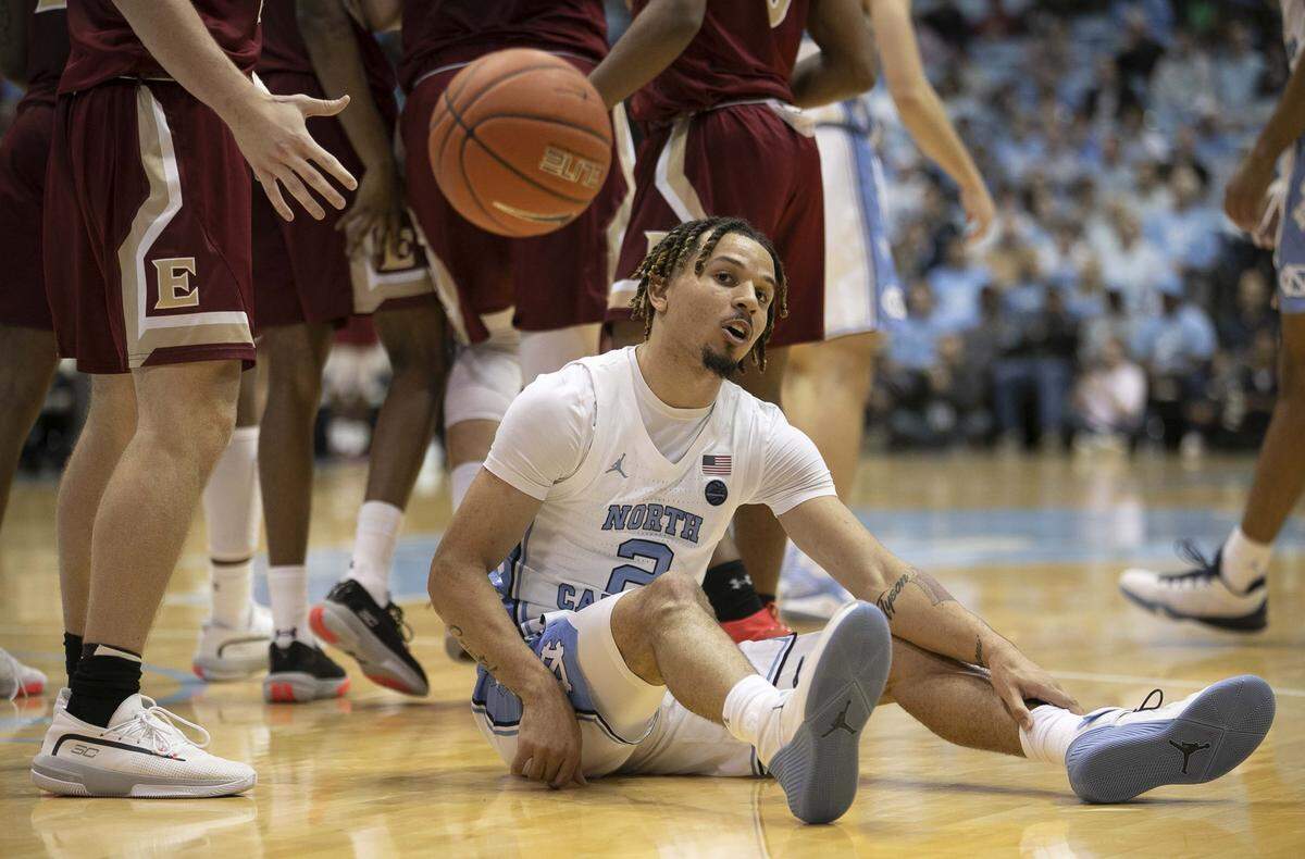 North Carolina’s Cole Anthony (2) reacts after being called for a charging foul late in the second half against Elon on Wednesday, November 20, 2019 at the Smith Center in Chapel Hill, N.C. Anthony was held to nine points in the Tar Heels’ 75-61 victory. This was the first game this season that Anthony has not scored in double figures.
