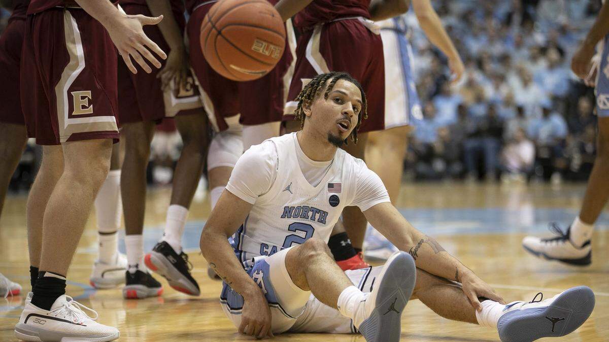 North Carolina’s Cole Anthony (2) reacts after being called for a charging foul late in the second half against Elon on Wednesday, November 20, 2019 at the Smith Center in Chapel Hill, N.C. Anthony was held to nine points in the Tar Heels’ 75-61 victory. This was the first game this season that Anthony has not scored in double figures.