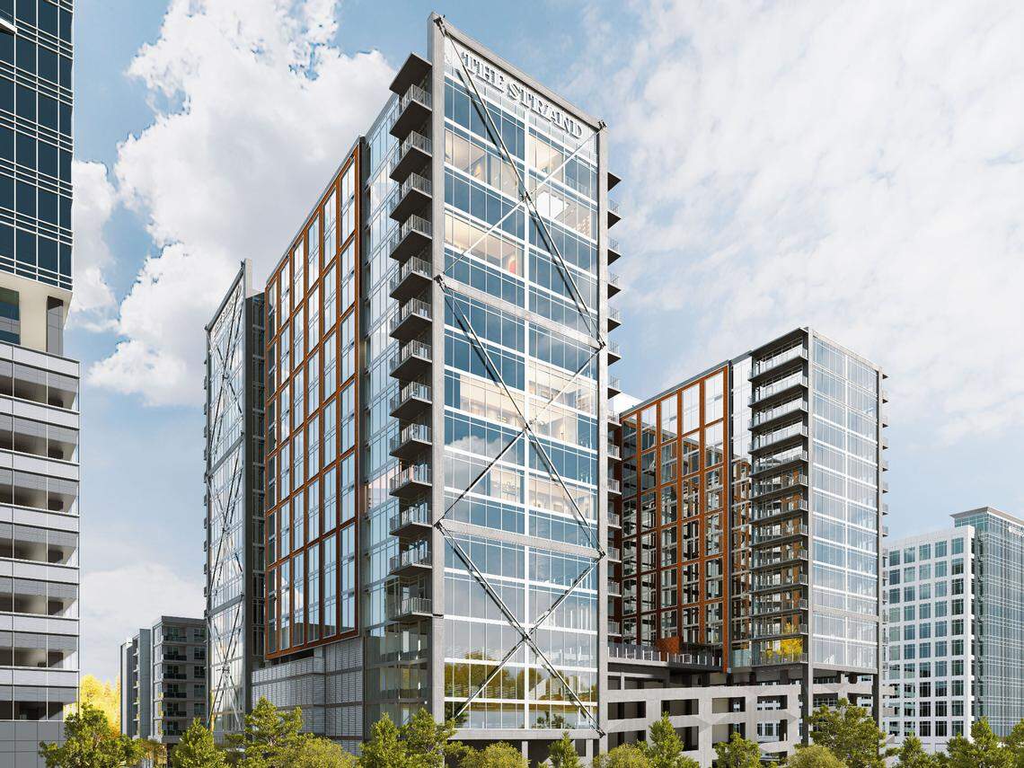 A rendering of The Strand, a 20-story mixed-use residential tower in North Hills. Kane Realty Corporation, in partnership with Mitsui Fudosan America (MFA), officially broke ground on the $200 million project in May 2025.