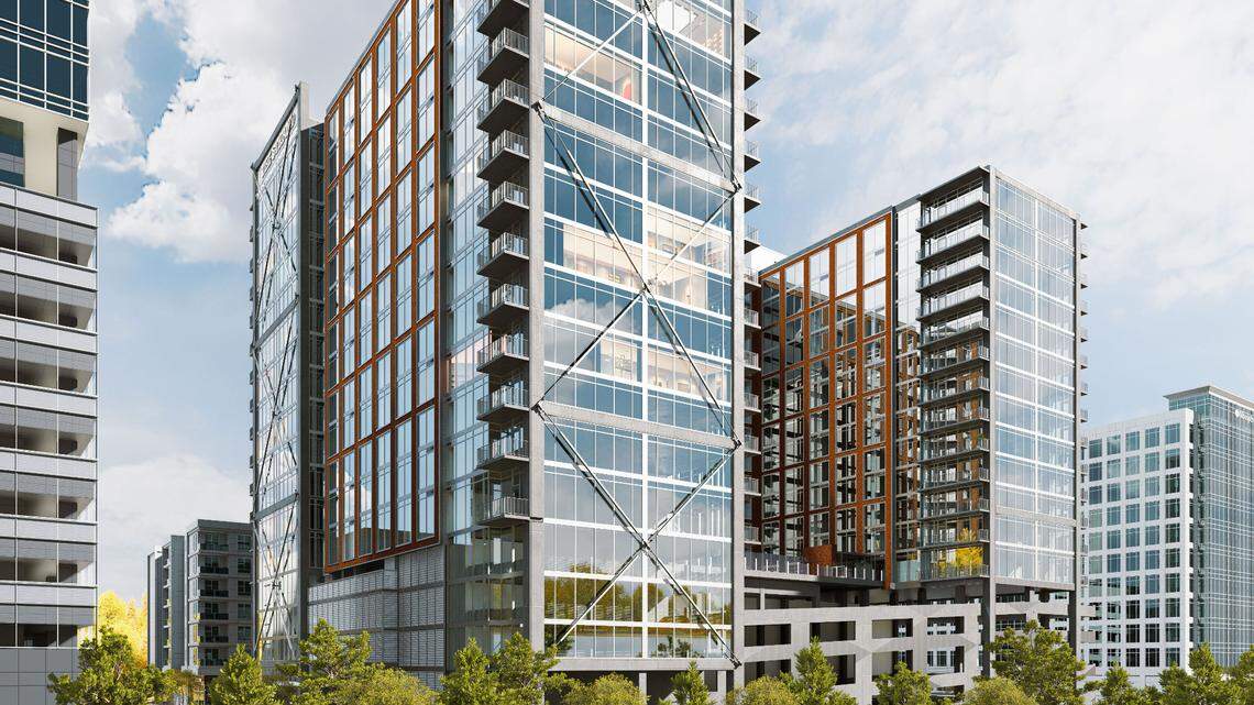 A rendering of The Strand, a 20-story mixed-use residential tower in North Hills. Kane Realty Corporation, in partnership with Mitsui Fudosan America, has broken ground on the $200 million project.