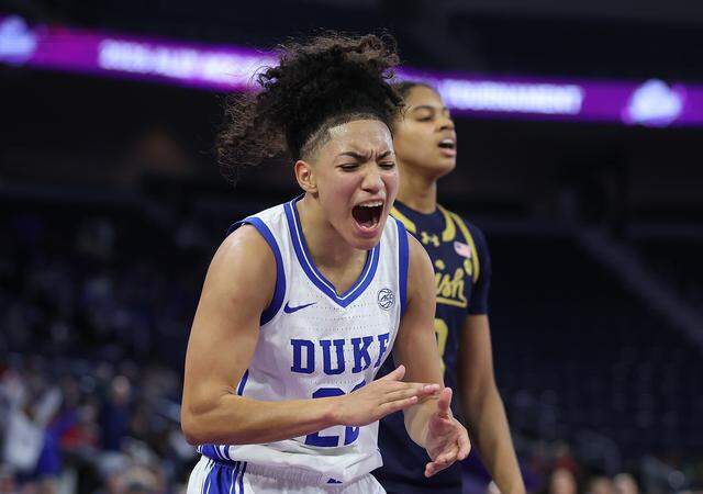Taina Mair of the Duke Blue Devils celebrates against the Notre Dame Fighting Irish during the second quarter of the teams’ ACC Women’s Tournament semifinal at Gas South Arena on March 7, 2026 in Duluth, Georgia.