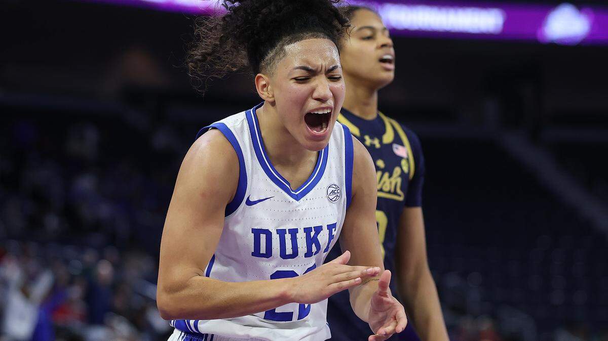 Taina Mair of the Duke Blue Devils celebrates against the Notre Dame Fighting Irish during the second quarter of the teams’ ACC Women’s Tournament semifinal at Gas South Arena on March 7, 2026 in Duluth, Georgia.