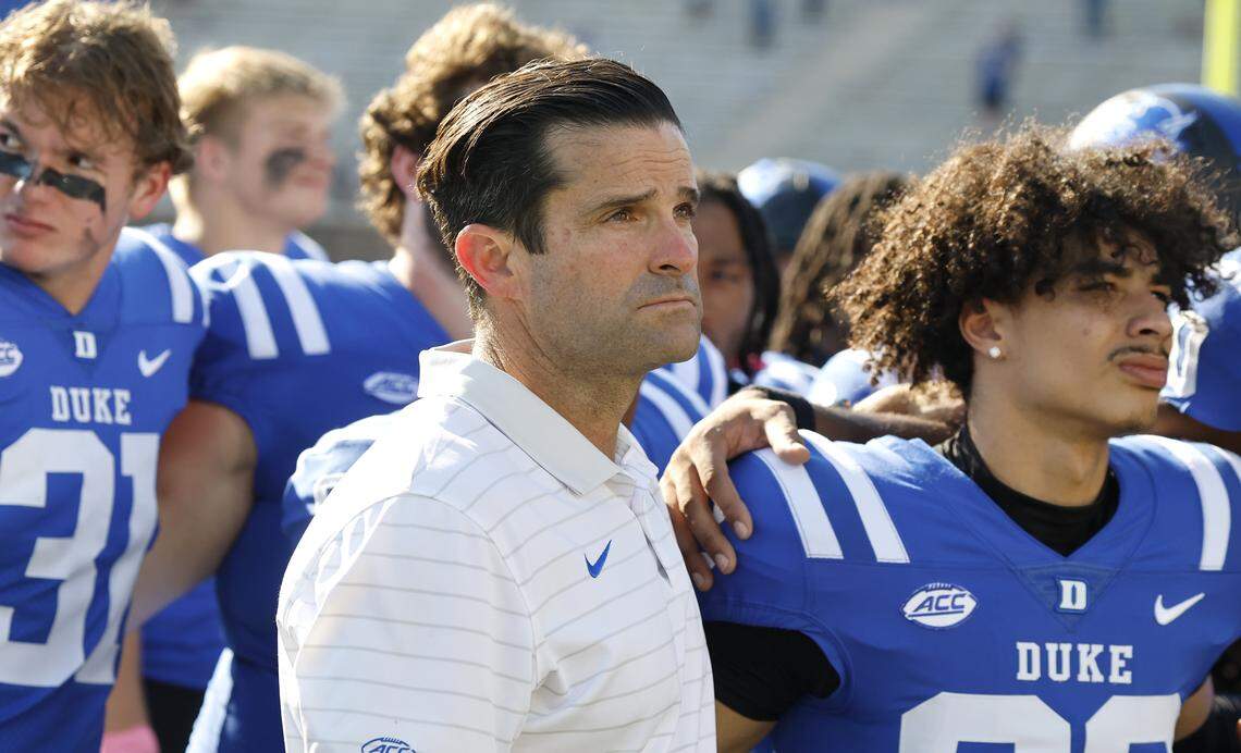 Duke head coach Manny Diaz and the team listen to the alma mater after Georgia Tech’s 27-18 victory over Duke at Wallace Wade Stadium in Durham, N.C., Saturday, Oct. 18, 2025.