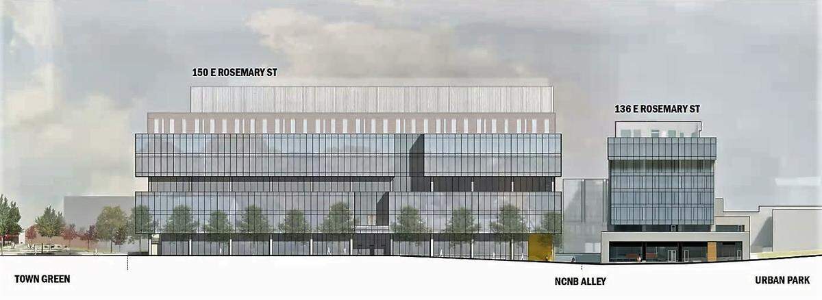 An architect’s rendering shows how the south side of East Rosemary Street could look once Grubb Properties completes its CVS building renovation (right) and the construction of a new office and wet lab building (left) in downtown Chapel Hill.