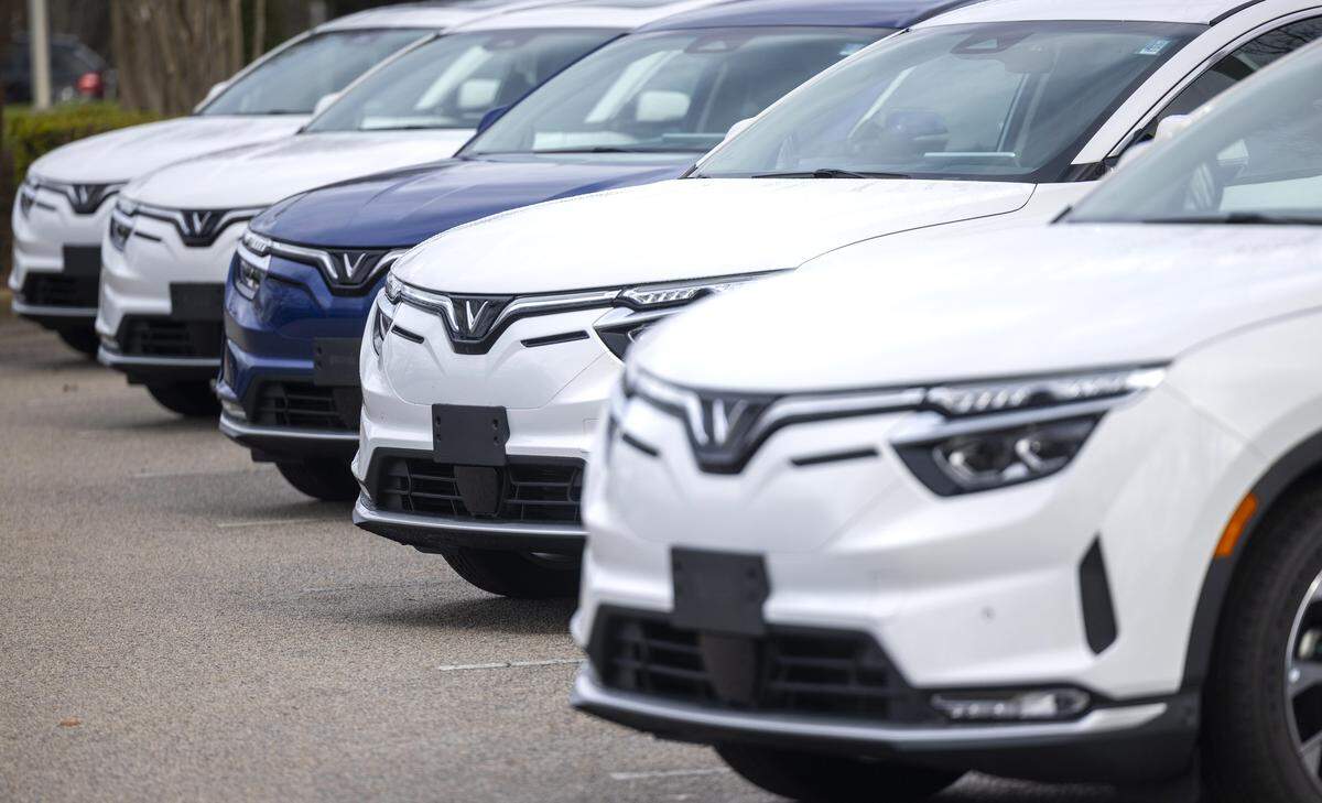 VinFast electric cars sit in the parking lot of the new Leith VinFast dealership in Cary Thursday, Dec. 28, 2023. 