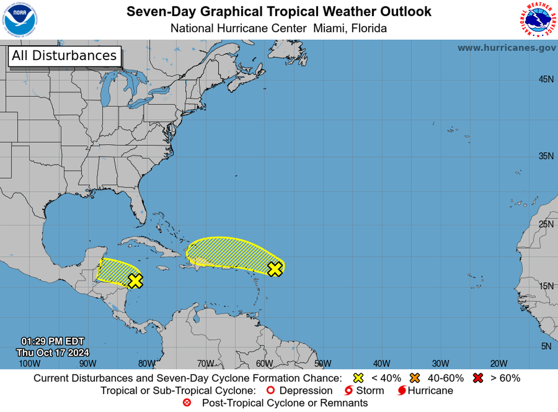 The National Hurricane Center is watching two systems for possible development into tropical depressions: one east of the Leeward Islands and one in the Caribbean.