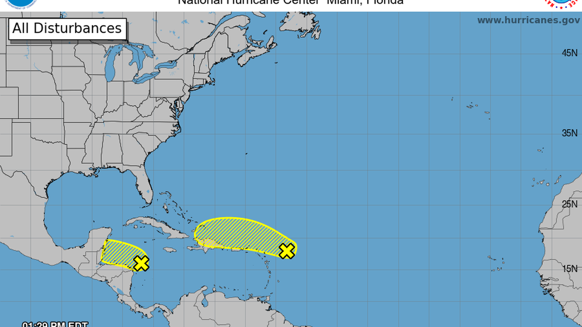 The National Hurricane Center is watching two systems for possible development into tropical depressions: one east of the Leeward Islands and one in the Caribbean.