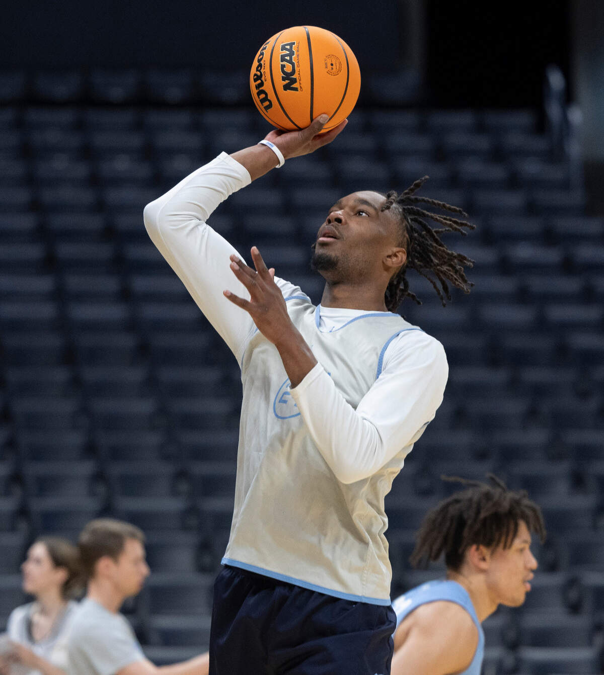 North Carolina’s Jae’Lyn Withers (24) puts up a shot during the Tar Heels’ open practice on Wednesday, March 27, 2024 at Crypto.com Arena in Los Angeles, CA.