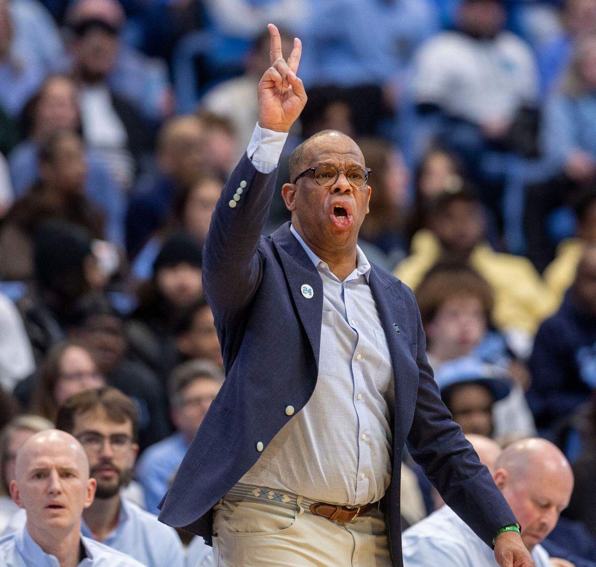North Carolina coach Hubert Davis directs his team on defense in the first half against N.C. State on Wednesday, February 19, 2025 in Chapel Hill, N.C.