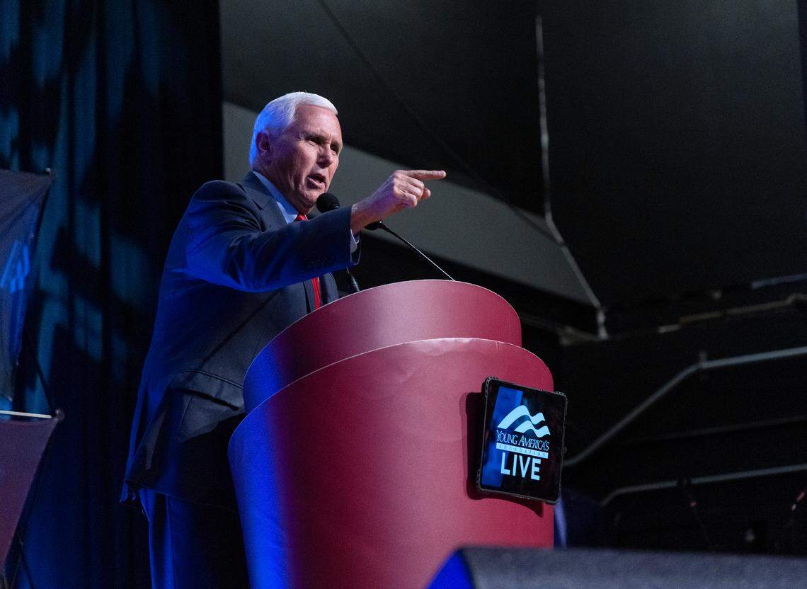 Former Vice President Mike Pence speaks at the Carolina Union on Wednesday, April 26, 2023, in Chapel Hill, N.C.