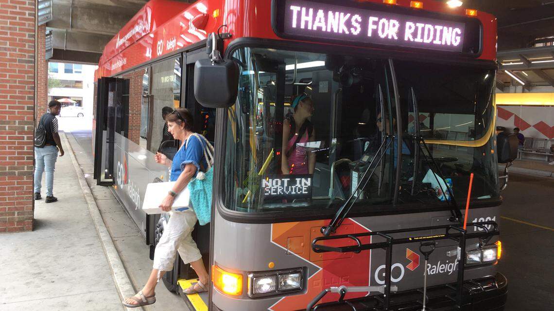 One of GoRaleigh’s compressed natural gas buses at the main bus station at Moore Square downtown. Riding the bus has been free since March 2020 and will remain that way through at least June 30, 2023.