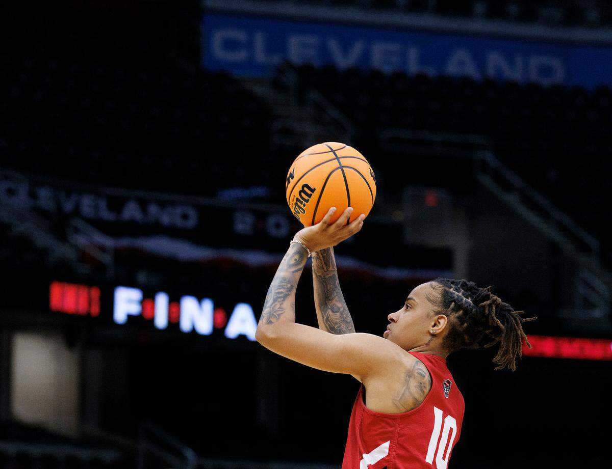 N.C. State’s Aziaha James puts up a shot during practice at Rocket Mortgage FieldHouse on Thursday, April 4, 2024, in Cleveland, Ohio. The Wolfpack will face South Carolina in the Final Four on Friday.