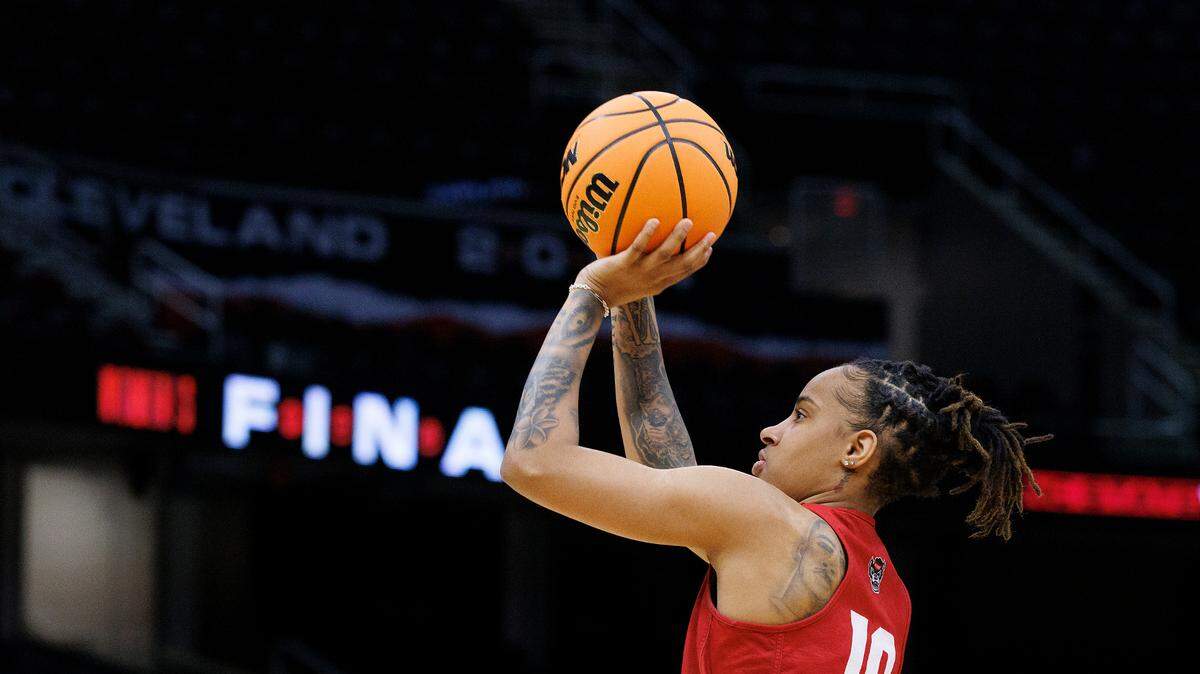 N.C. State’s Aziaha James puts up a shot during practice at Rocket Mortgage FieldHouse on Thursday, April 4, 2024, in Cleveland, Ohio. The Wolfpack will face South Carolina in the Final Four on Friday.