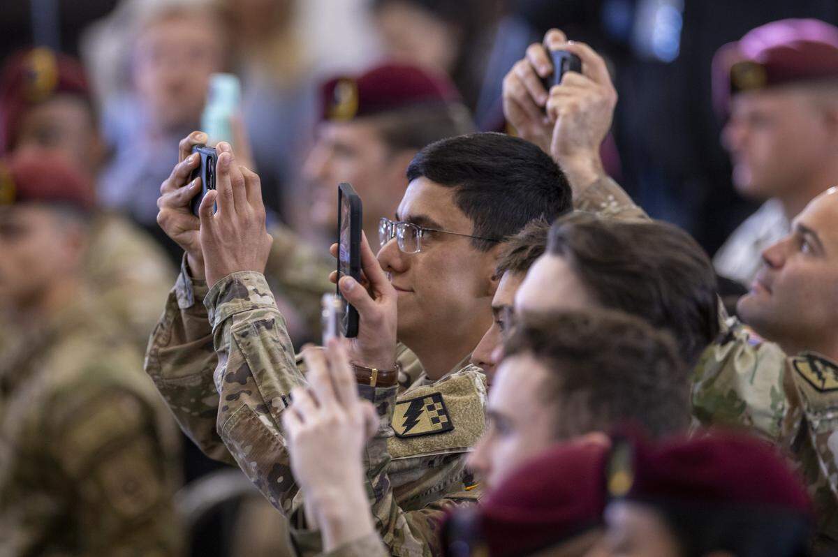 Soldiers from the XVIII Airborne Corps listen to President Donald Trump speak at Fort Bragg in Fayetteville Friday, Feb. 13, 2026.