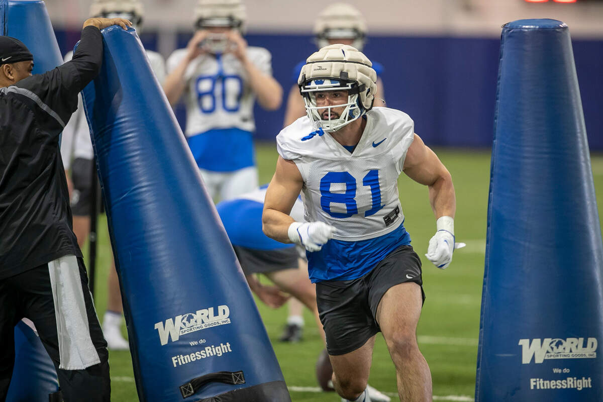 Duke tight end Nicky Dalmolin (81) runs through a drill during the Blue Devils’ spring practice on Friday, March 24, 2023 in Durham, N.C.