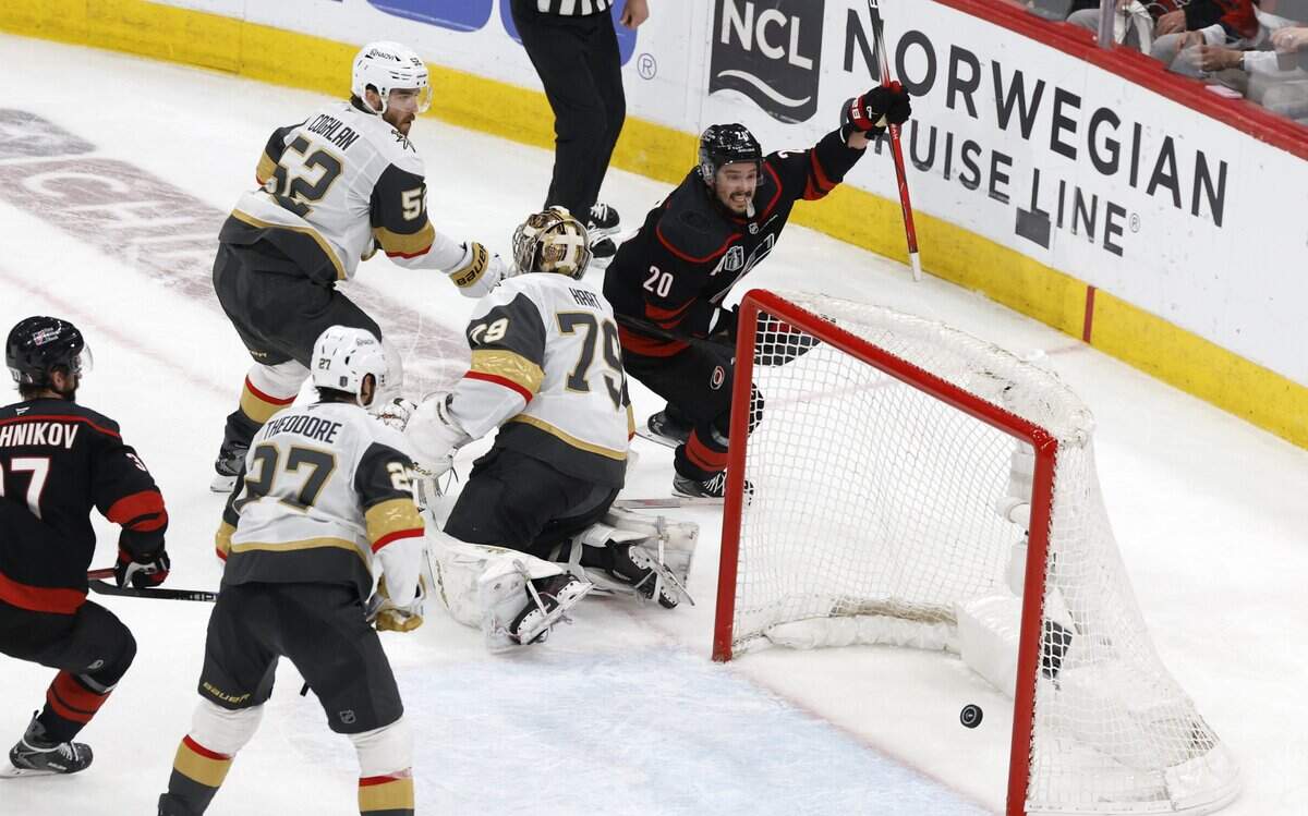 Carolina's Sebastian Aho (20) celebrates after scoring in the second period of the Hurricanes’ game against the Golden Knights in the fifth game of the Stanley Cup Final at the Lenovo Center in Raleigh, N.C., Thursday, June 11, 2026.