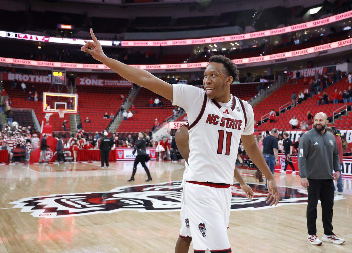 N.C. State’s Quadir Copeland smiles as he leaves the court following the Wolfpack’s 82-73 win over Virginia Tech on Saturday, Feb. 7, 2026 at Lenovo Center in Raleigh, N.C. 
