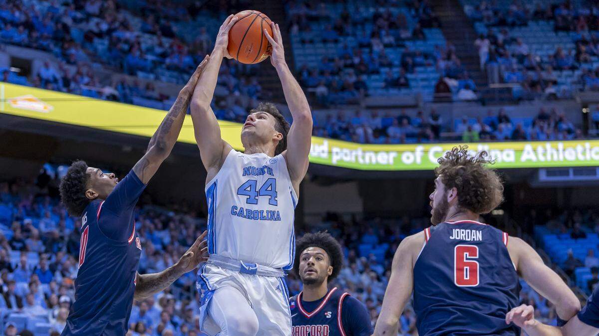 North Carolina guard Luka Bogavac (44) breaks to the basket against Radford guard Del Jones (10) in the first half on Tuesday, November 11, 2025 at the Smith Center in Chapel Hill, N.C.