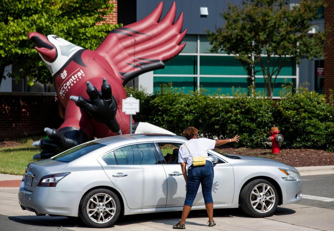 An inflatable eagle greets N.C. Central University students and their families arriving for COVID-19 testing before they move into their dorms for the fall semester, on Wednesday, Aug. 11, 2021, in Durham, N.C.