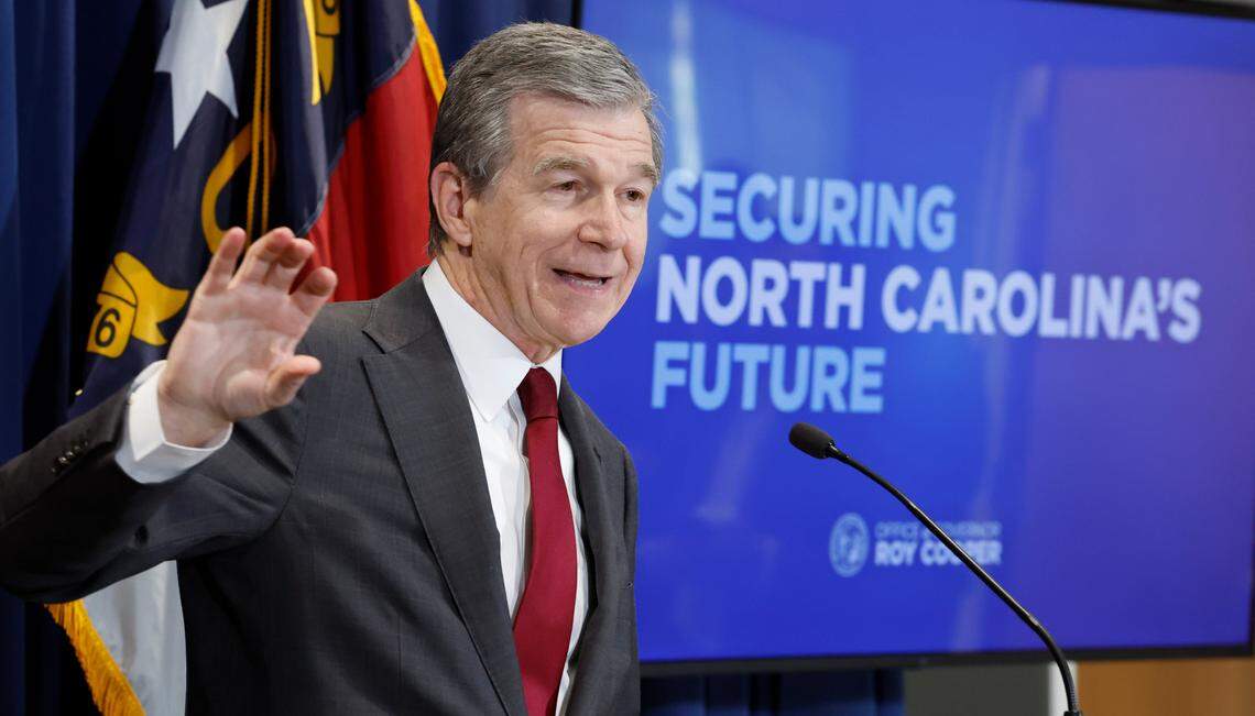 Gov. Roy Cooper talks about what is in his budget proposal during a press conference in Raleigh, N.C., on Wednesday, April 24, 2024.