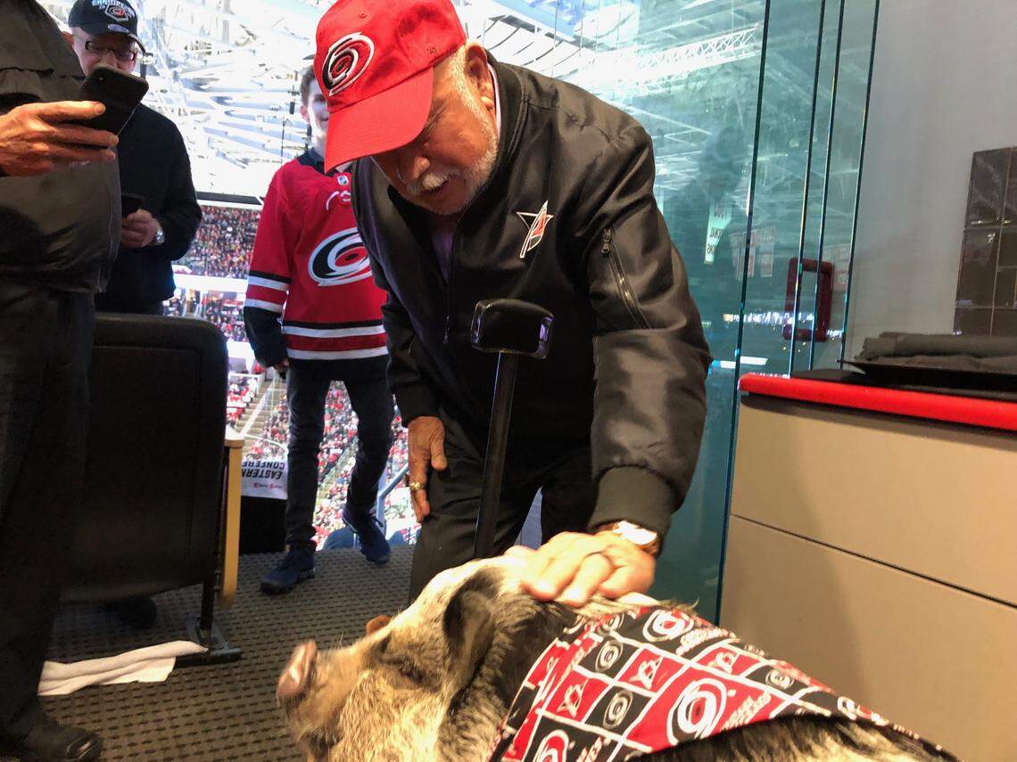 Pete Karmanos, minority owner in the Carolina Hurricanes, meets Hamilton at Game 3 of the Eastern Conference Finals game against the Boston Bruins in Raleigh, May 14, 2019.