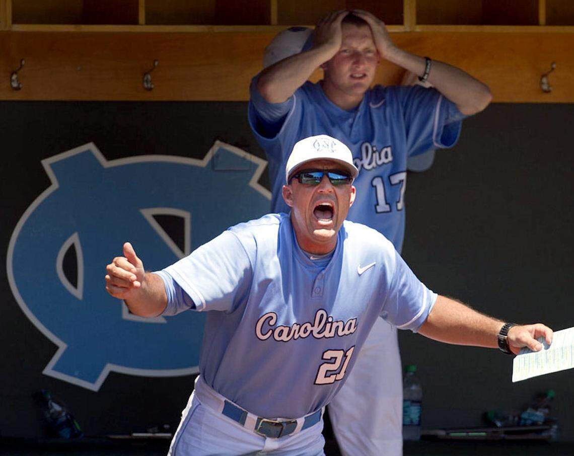UNC coach Scott Forbes questions a call by the umpire in the seventh inning during the Tar Heels’ game against South Carolina on Saturday June 8, 2013 at Boshamer Stadium in Chapel Hill, N.