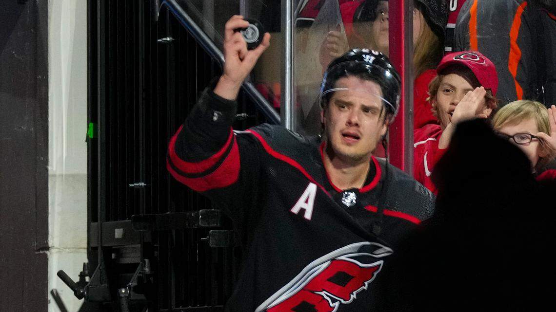 Carolina Hurricanes center Sebastian Aho (20) celebrates their victory against the Toronto Maple Leafs at PNC Arena.