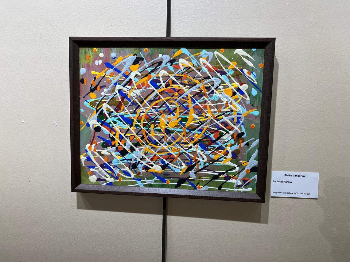 “Stellar Tangerine,” a piece by John Hardin, is displayed during the Something to Say art exhibit at Margaret Lane Gallery in Hillsborough from July 27 to Aug. 21, 2022. The exhibit features visual artwork and poetry by incarcerated men at Orange Correctional Center and other prisons throughout the state.