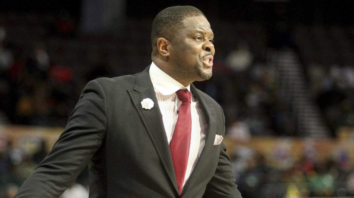 North Carolina Central coach LeVelle Moton directs his team during an NCAA college basketball game against Norfolk State in the championship of the Mid-Eastern Athletic Conference tournament, Saturday, March 16, 2019, in Norfolk, Va.
