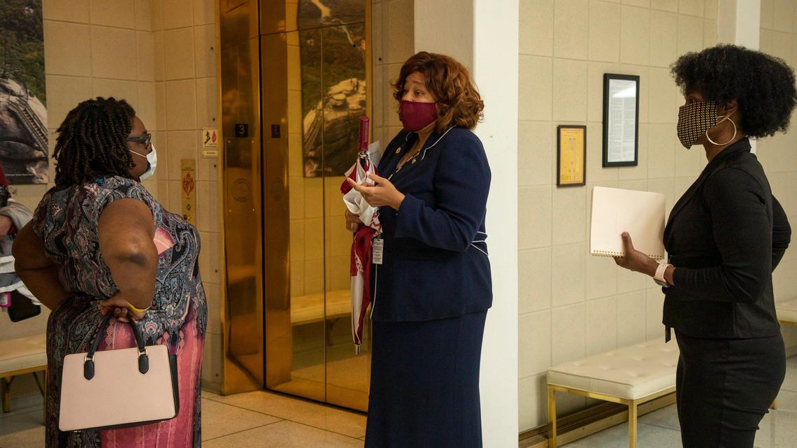 Sen. Erica Smith waits for an elevator after holding a press conference on Wednesday, May 20, 2020, in the North Carolina Legislative Building in Raleigh, N.C.