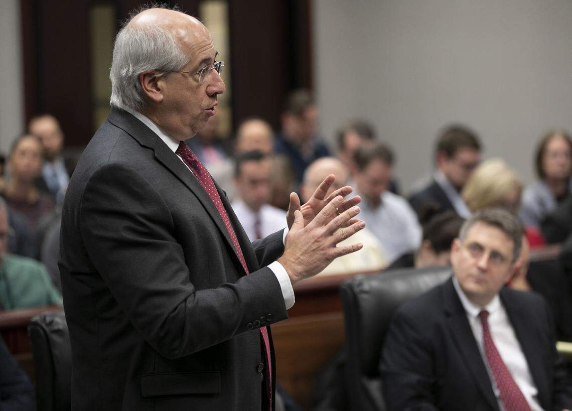Attorney David B. Freeman, who represents Mark E. Harris, makes an argument during a hearing on Mark E. Harris v. NC State Board of Elections on Tuesday, January 22, 2019 in Superior Court in Raleigh, N.C.