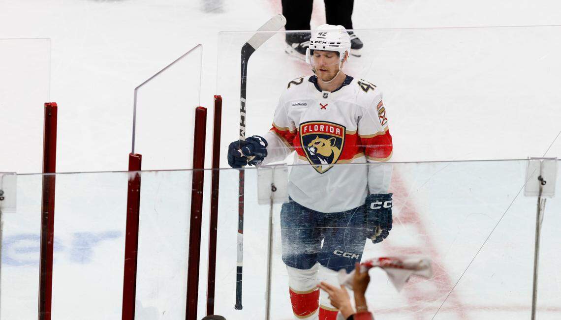 Panthers’ Gustav Forsling (42) heads to the penalty box after being called for cross-checking in the second period of the Carolina Hurricanes’ game against the Florida Panthers in Game 1 of the Eastern Conference Finals at the Lenovo Center in Raleigh, N.C., Tuesday, May 20, 2025.