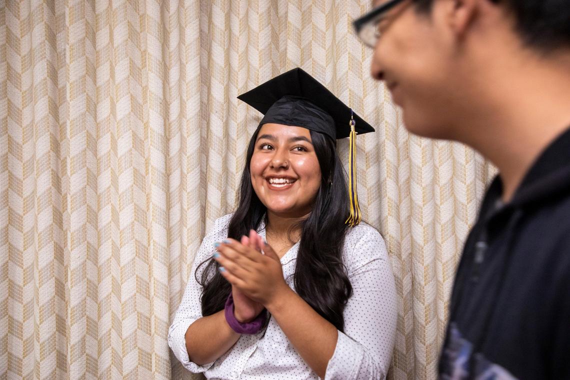 Maria Lopez Gonzalez, a student at Meredith College, cheers on other students at they line up to speak during the 7th annual Undocugraduation, which brought dozens of students to the NC Legislative Building to lobby their state representatives for in-state college tuition regardless of immigration status on Wednesday, May 22, 2019, in Raleigh, NC.