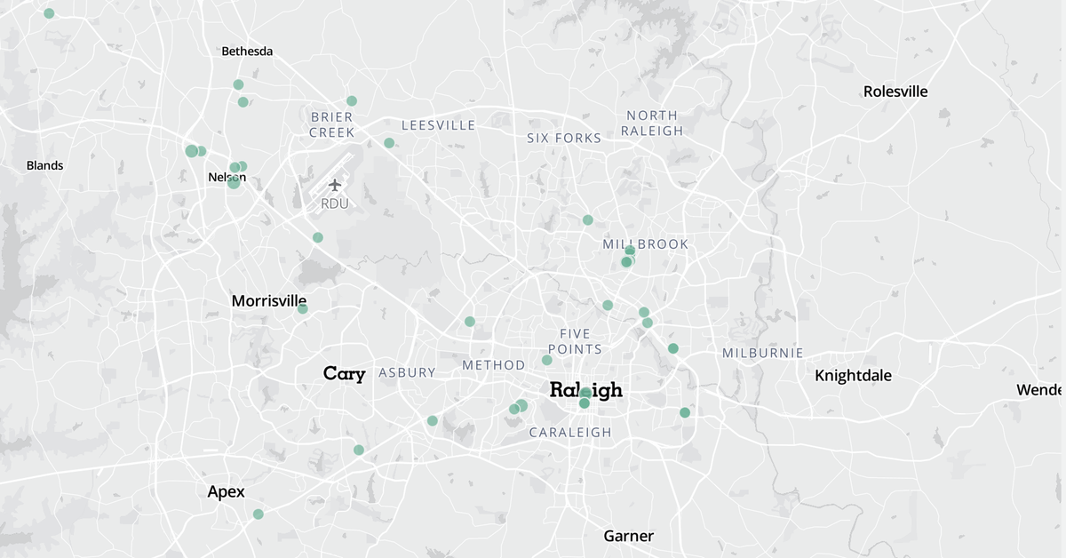 A screenshot from Avison Young’s newly launched Federal Property Pulse, which tracks government leases. The green dots indicate active federal agency leases across the Triangle.