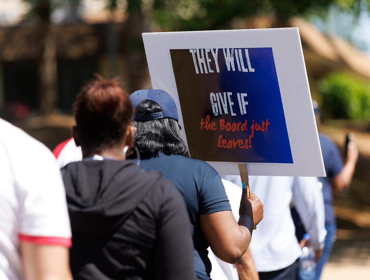People march during a rally to save St. Augustine’s University in Raleigh, N.C. on Monday, April 29, 2024. The event was organized by the Capital City Hope Foundation, Falcons Unite, and the SAVESAU Coalition.