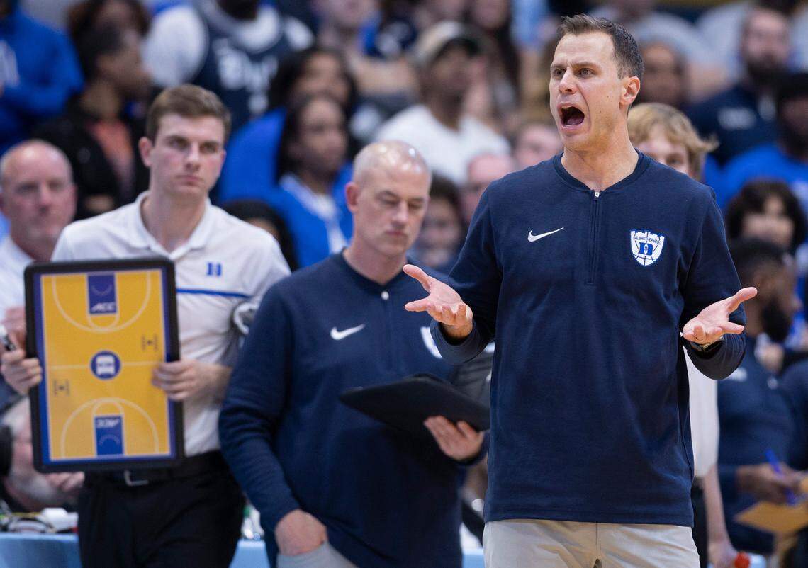 Duke coach Jon Scheyer reacts to a foul against his team in the second half against North Carolina on Saturday, February, 3, 2024 at the Dean E. Smith Center in Chapel Hill, N.C.