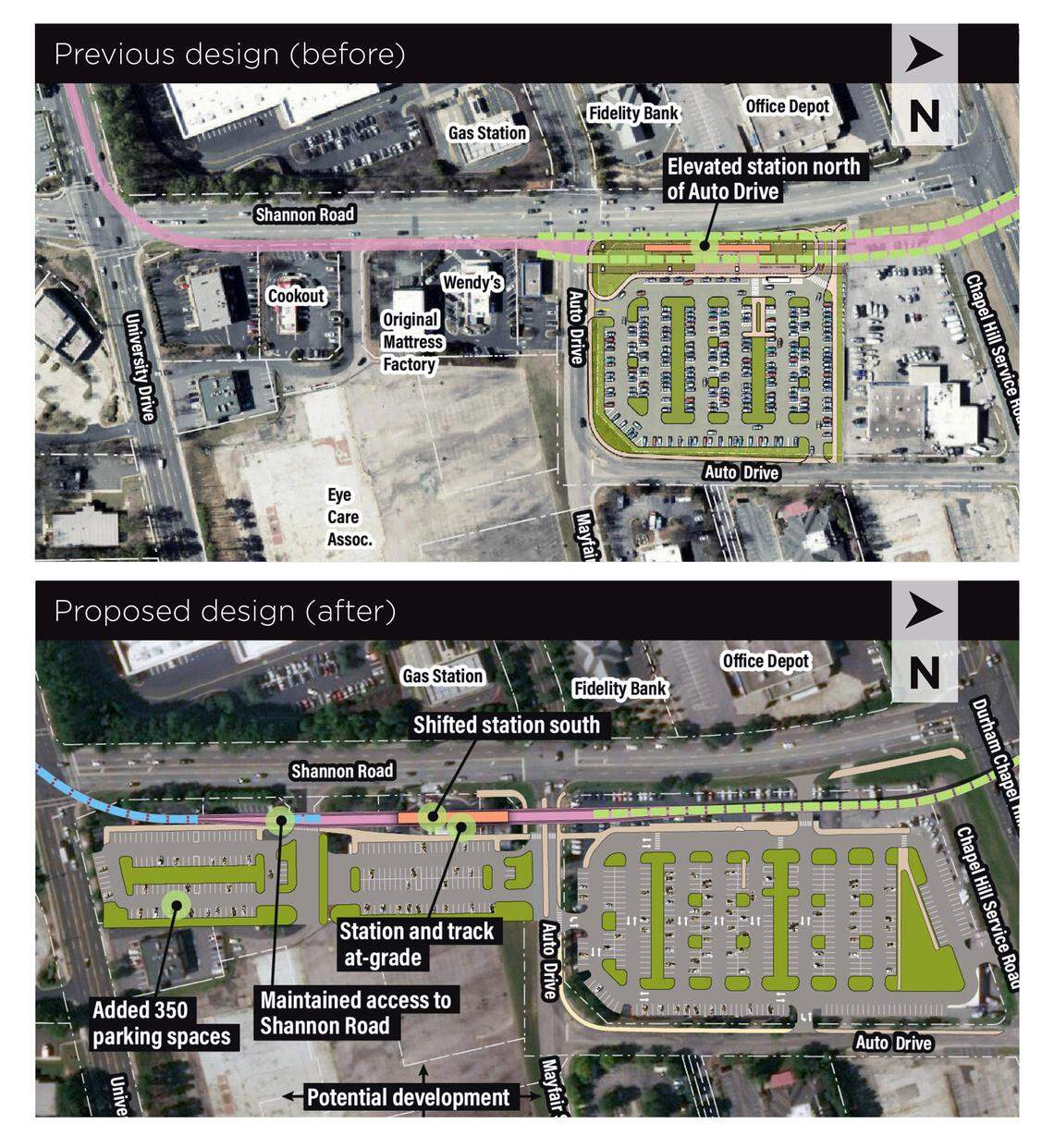 The light-rail line could be routed under the intersection of Shannon Road and University Drive as shown here in before and after drawings of the proposed South Square Station. The station’s park-and-ride lot also could be enlarged to serve more passengers.