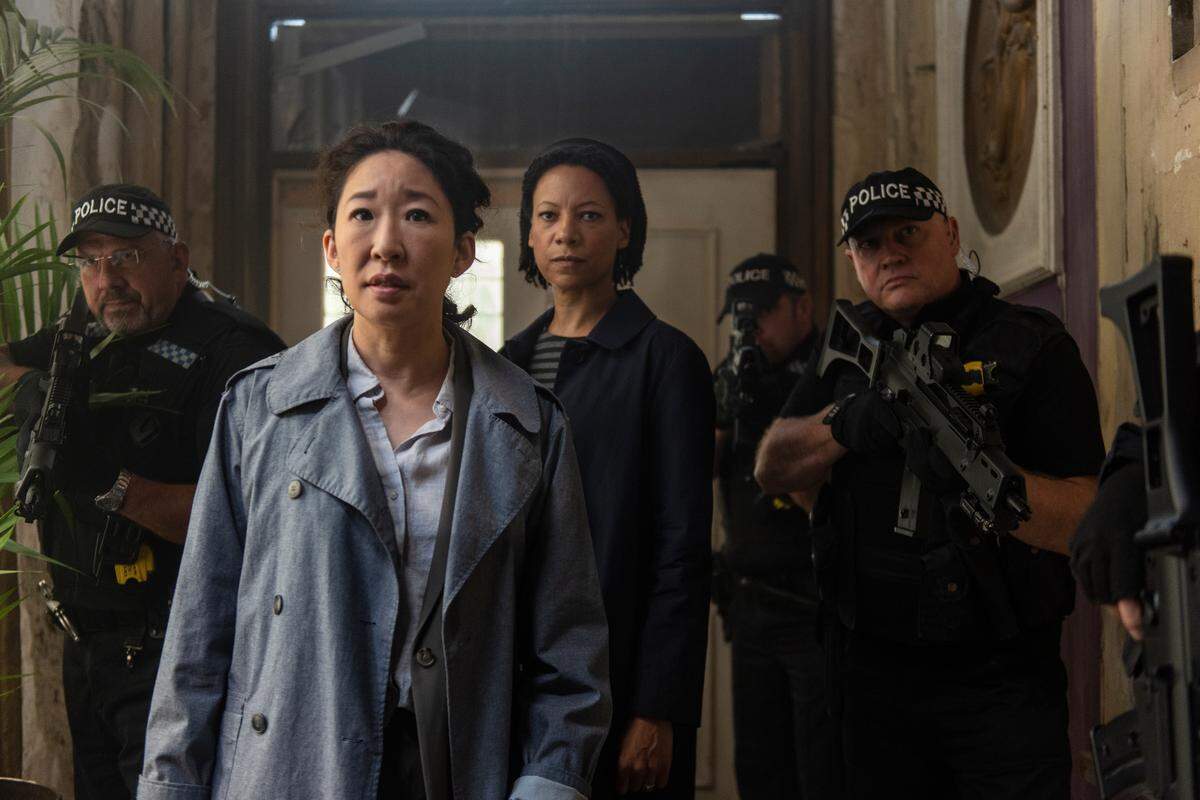 Sandra Oh, left, as Eve Polastri, and Nina Sosanya as Jess&nbsp;in the award-winning BBC America series “Killing Eve.”