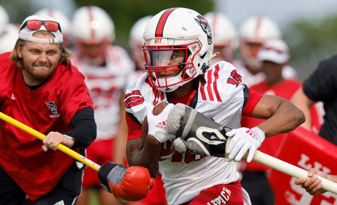 N.C. State wide receiver Kevin ‘KC’ Concepcion (10) runs drills during the Wolfpack’s first fall practice in Raleigh, N.C., Wednesday, August 2, 2023.