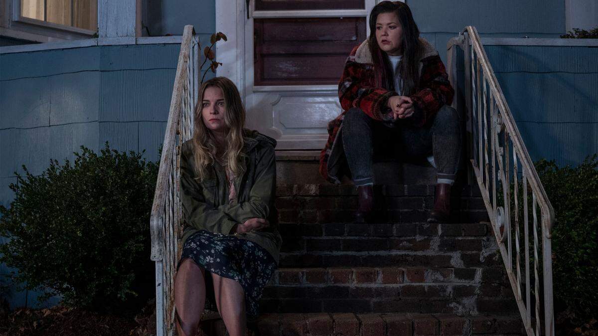 Annie Murphy, left, as Allison and Mary Hollis Inboden as Patty in the AMC series “Kevin Can F*** Himself.” The series airs first on the streaming platform AMC+.
