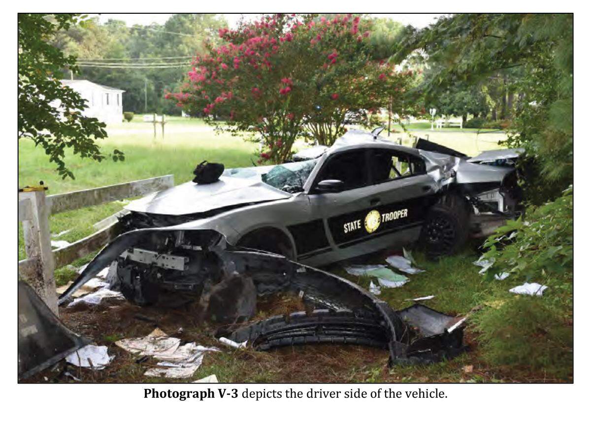 The Highway Patrol reconstruction report in the fatal crash of Michael Higgins shows Trooper Omar Romero Mendoza’s patrol car after the crash in August 2020.