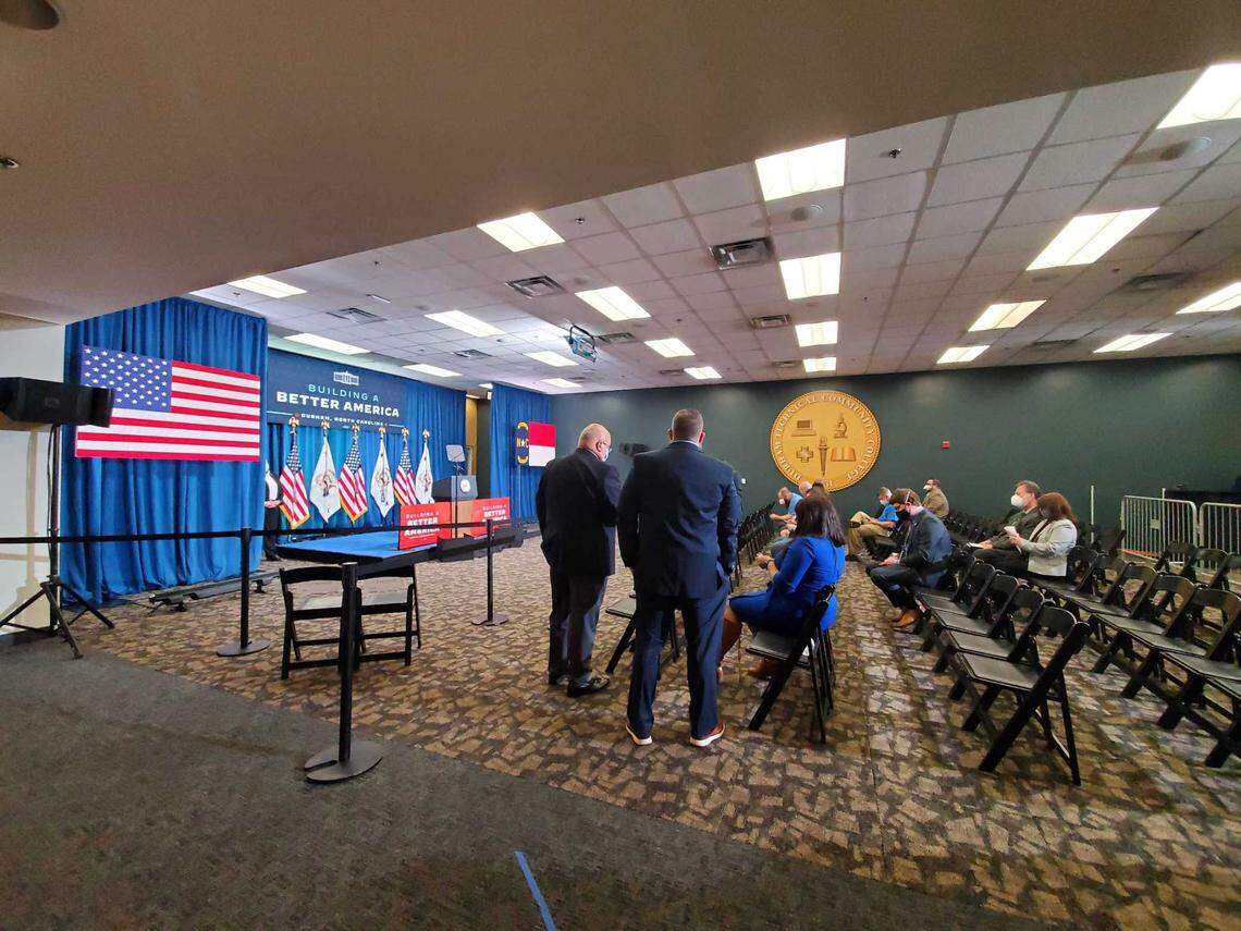 Local leaders and dignitaries arrived in a small room at Durham Technical Community College on Wednesday, March 2, 2022, ahead of a visit by Vice President Kamala Harris.