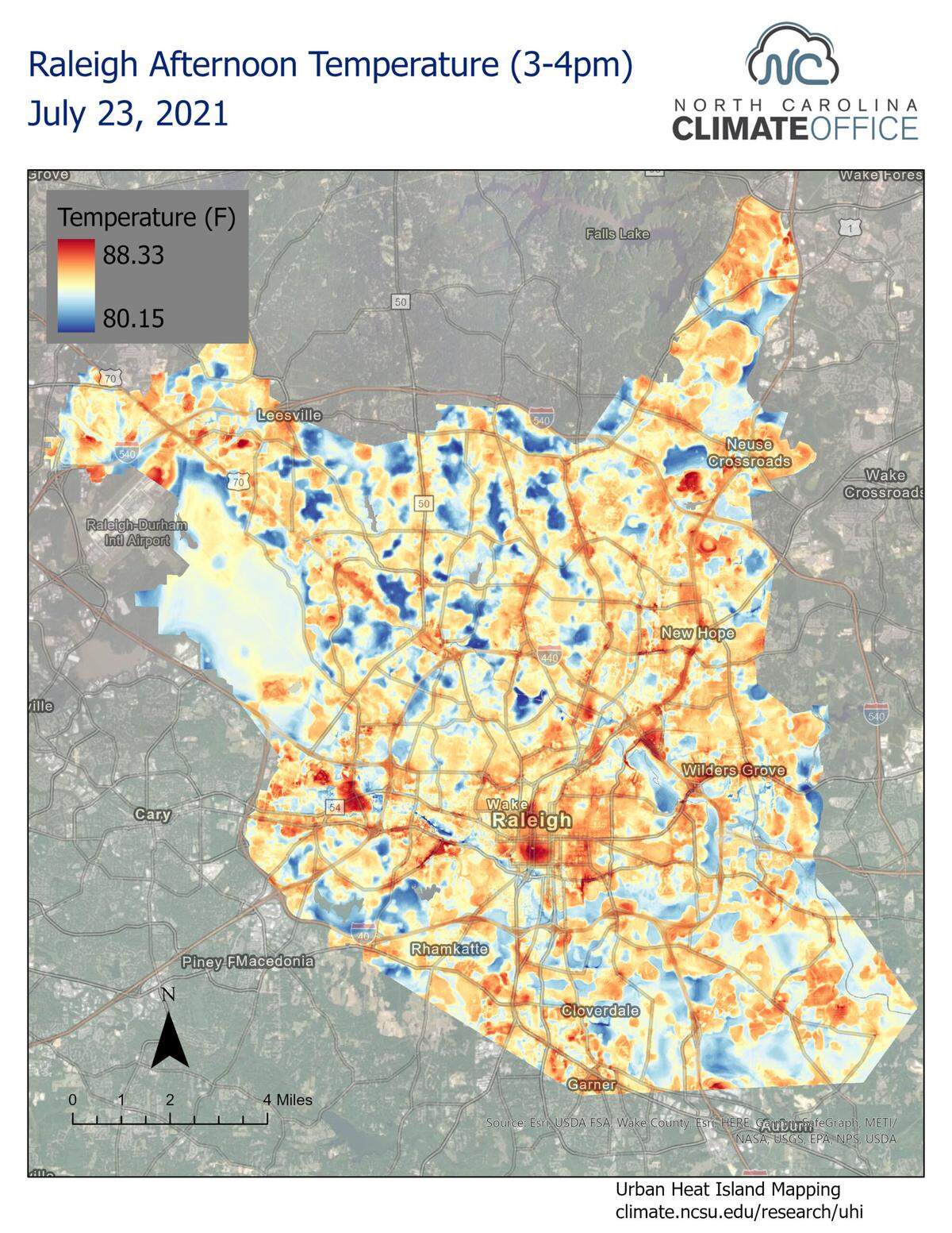 A map depicting hotter and cooler areas during a Raleigh afternoon in the summer of 2021.