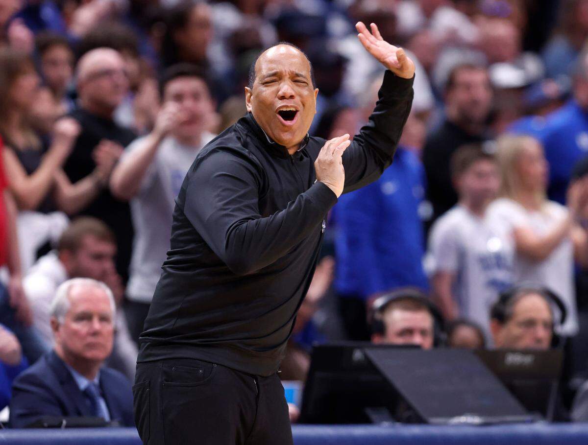 N.C. State head coach Kevin Keatts reacts after a technical foul was called on him during the second half of N.C. State’s 76-64 victory over Duke in their NCAA Tournament Elite Eight matchup at the American Airlines Center in Dallas, Texas, Sunday, March 31, 2024.