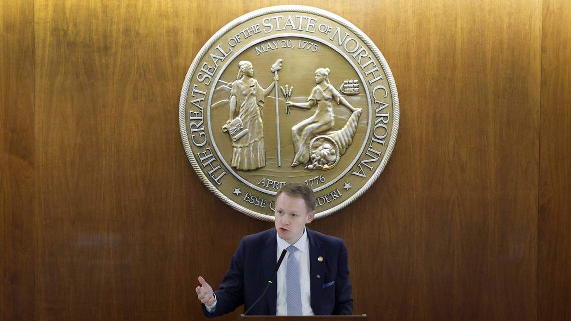 Speaker of the House Destin Hall speaks during the N.C. House session at the Legislative Building in Raleigh, N.C., Tuesday, July 29, 2025.