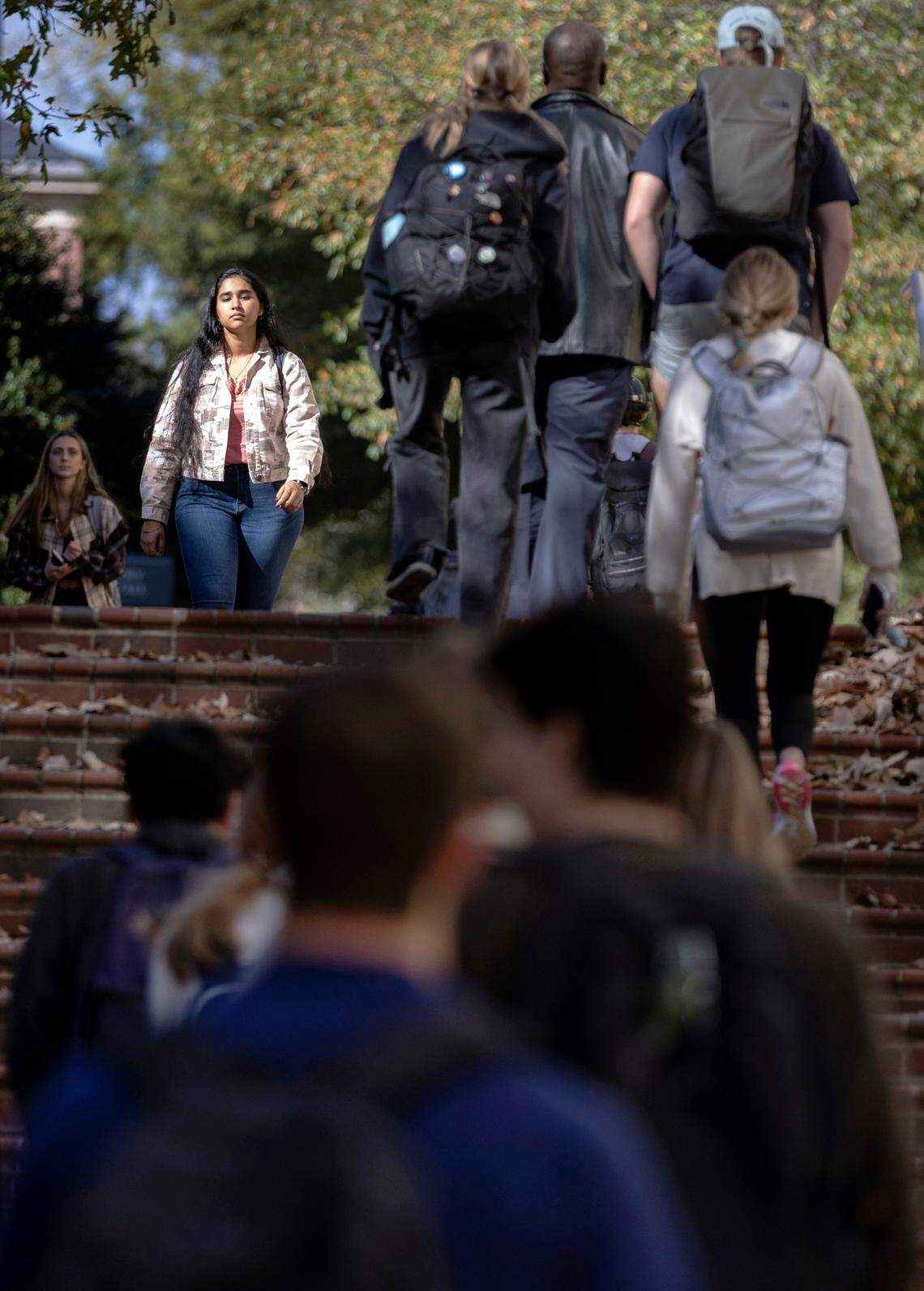 Shristi Sharma, a sophomore at UNC, walks to class in Chapel Hill, N.C., Wednesday, Nov. 9, 2022.