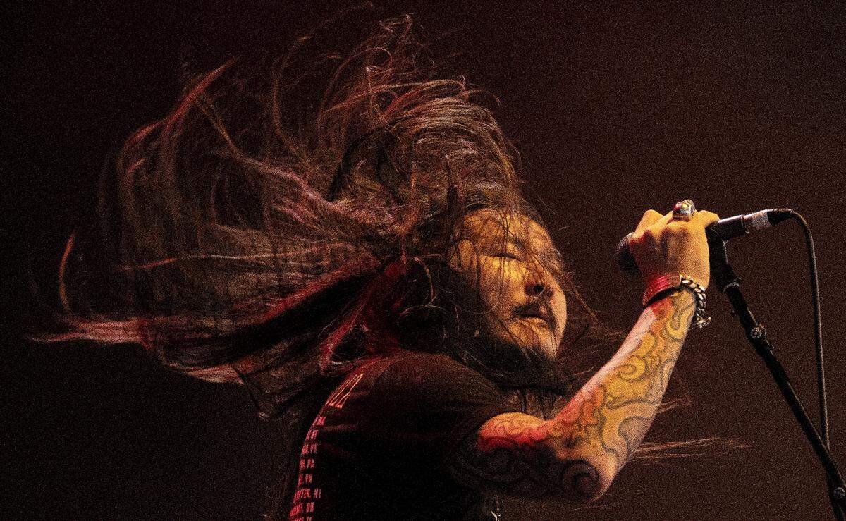 Nyamjantsan Galsanjamts, lead singer for The Hu, a Mongolian metal band, opens for Five Finger Death Punch and Megadeth, in concert at Raleigh, N.C.’s Coastal Credit Union Music Park at Walnut Creek, Wednesday night, Sept. 7, 2022.